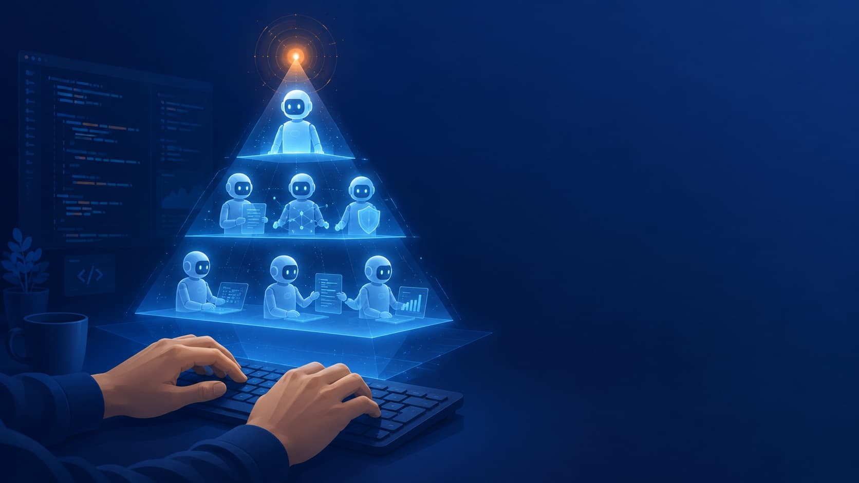 human directing a pyramid of AI agents handling coding, review and security