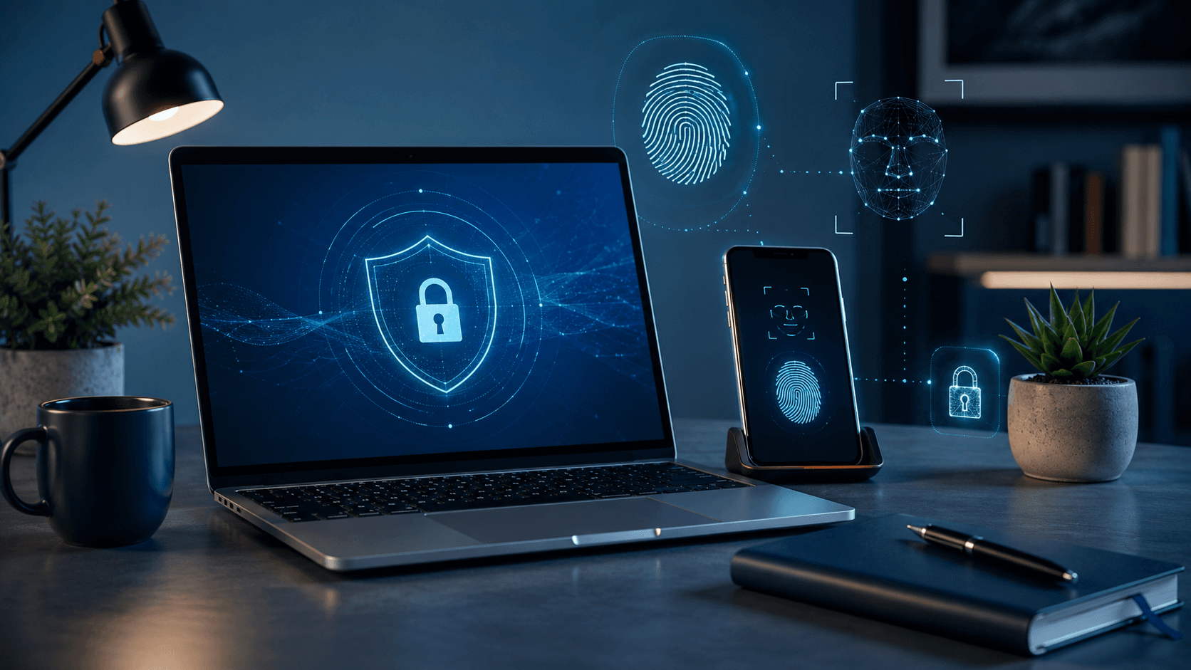 Secure setup workspace with phone, laptop, and biometric sign-in cues for passkey configuration