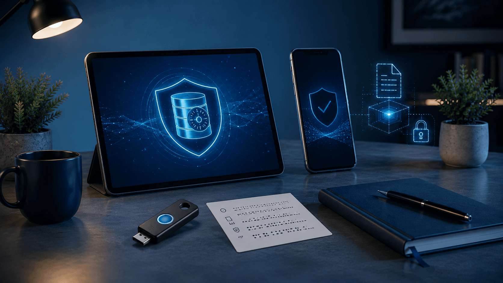 Passkey backup planning scene with hardware security key, trusted devices, and recovery materials