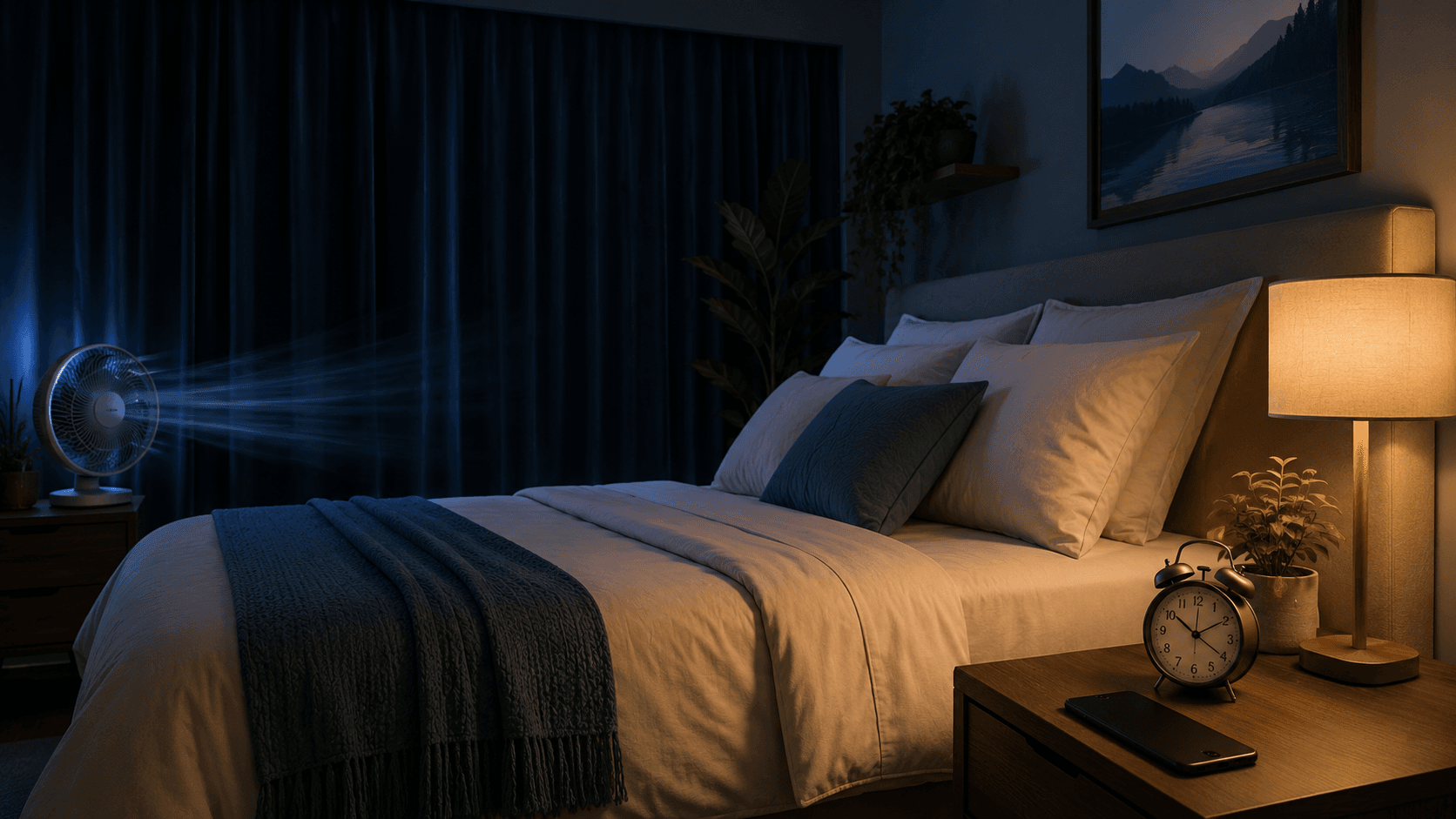 Sleep-friendly bedroom setup with dim lighting, blackout curtains, and a calm nighttime routine