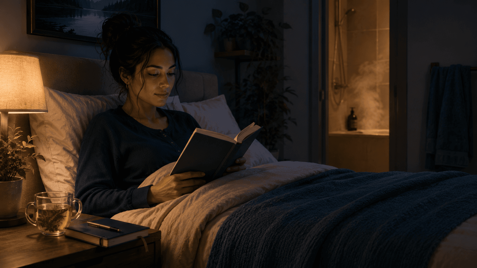 Evening wind-down routine with reading, low light, and a calm pre-sleep atmosphere