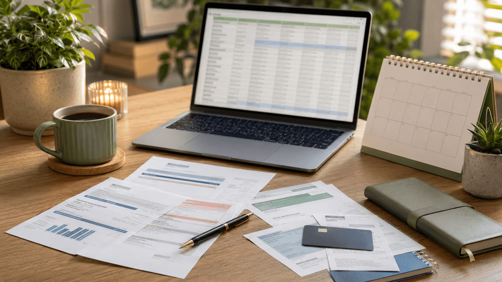 Subscription audit workspace with laptop, statements, and recurring bill planning materials