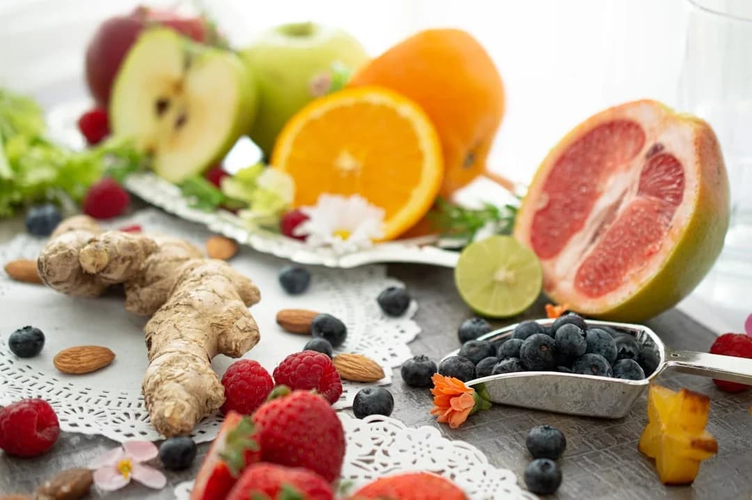 Fresh colorful anti-inflammatory foods arranged on a wooden table