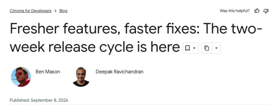 Google Chrome announcement of the two-week release cycle, dated September 8, 2026