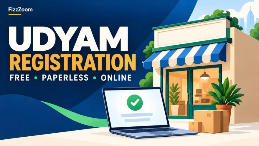 Illustrated FizzZoom cover: Udyam registration is free: current MSME limits and the checks to make before applying