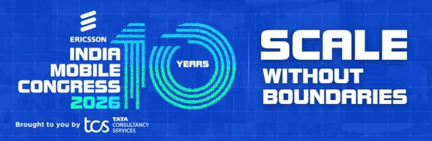 Screenshot of the official India Mobile Congress 2026 banner and Scale Without Boundaries theme