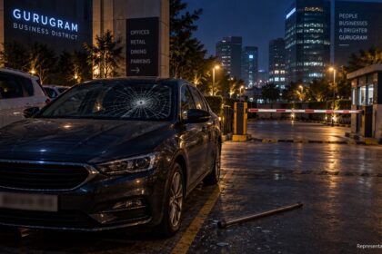 Operation Safed Sagar Representational illustration of a damaged car in a Gurugram commercial parking area following an alleged assault.